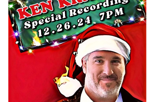 Promotional image for Ken Krantz's special recording on December 26, 2024, at 7 PM. The person is wearing a Santa hat and festive attire.