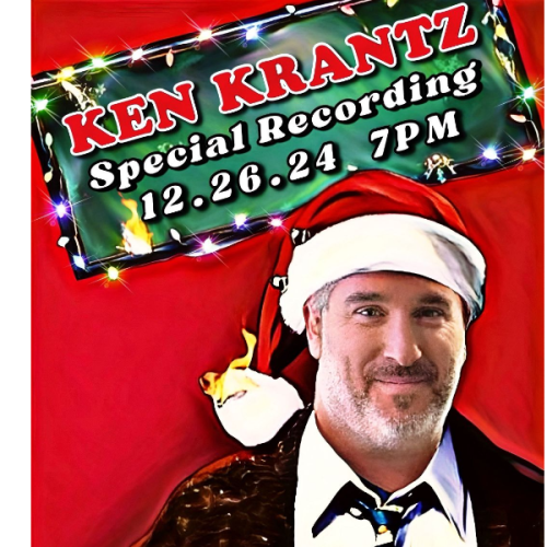 Promotional image for Ken Krantz's special recording on December 26, 2024, at 7 PM. The person is wearing a Santa hat and festive attire.