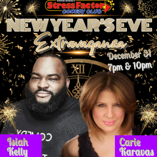 Promotional image for the Stress Factory Comedy Club's New Year's Eve event featuring pictured comedians on December 31 at 7pm and 10pm.